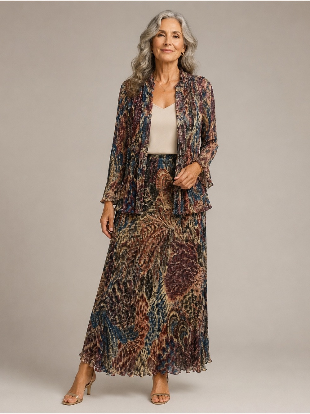 Women's Multicolor Pleated Maxi Skirt Set - Elegant Autumn Hues